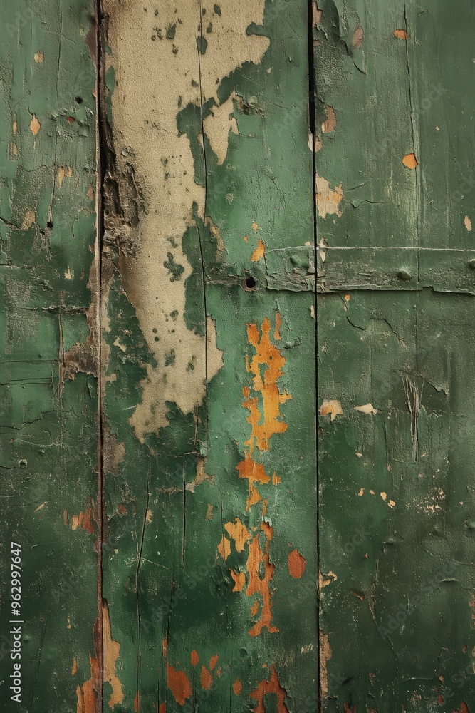Aufkleber weathered wooden surface with green brown mix, unevenly distributed paint peeling off. above view sh