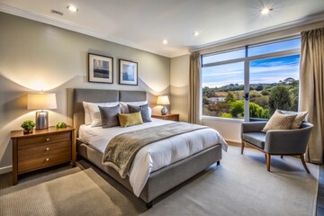 Soothing colors and plush textiles envelop guests in comfort, while modern fixtures and sleek lines define this