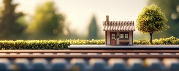 A small train station in the countryside, with a single platform and a train waiting, countryside train station, remote transit hub