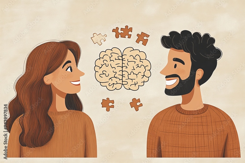 Poster brain efficiency brain processing cartoon style illustration of a couple with a puzzle brain exchang