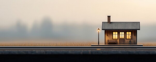 A small train station in the countryside, with a single platform and a train waiting, countryside train station, remote transit hub