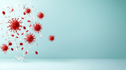 Abstract representation of a vaccine attacking virus particles, Surreal illustration, Bold colors, Sharp contrasts, Swirling textures, Organic shapes