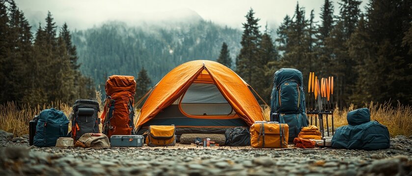 Outdoor Adventure Gear Display in Scenic Camping Setup with Space for Text