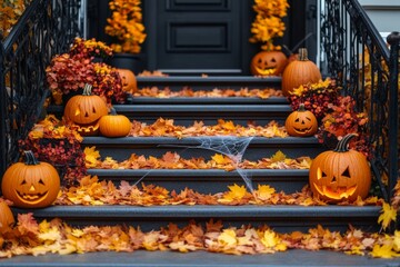 Obraz premium modern house decorated for halloween with pumpkins and autumn leaves. AI generated