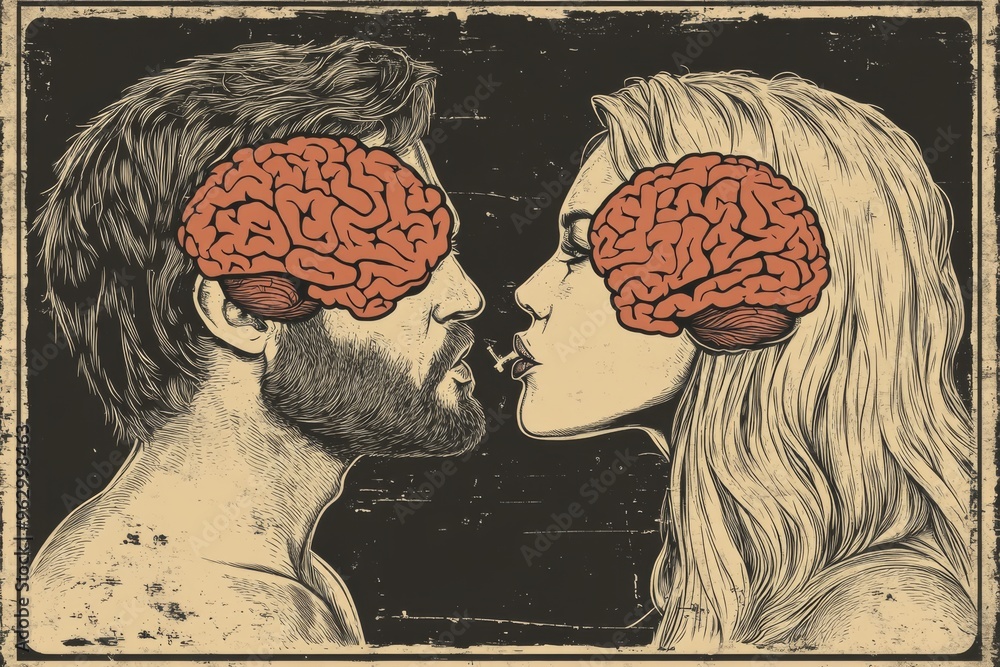 Aufkleber brain strength brain processing retro inspired illustration of a couple with exposed brains symboliz