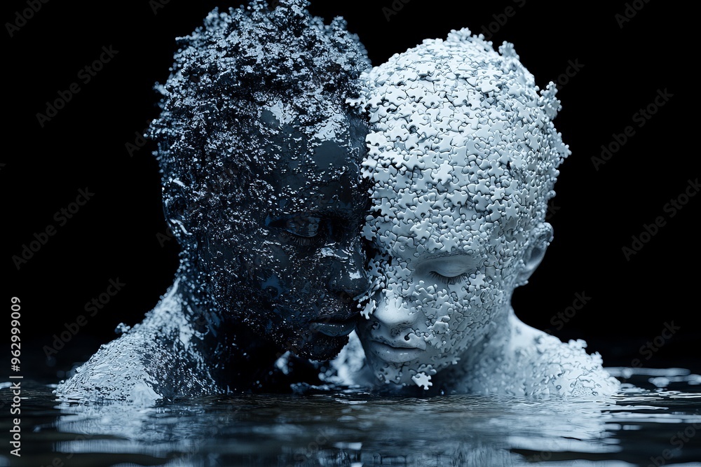 Poster intellectual capacity brain processing abstract grayscale sculpture of two heads intertwined symboli
