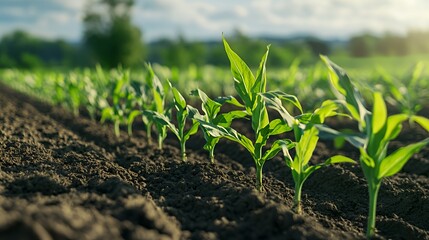 Young corn plants growing in a field of rich, dark soil.