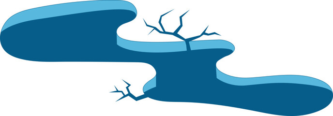 Hole in ice with cracks. Cleft in the ground. Burrow in the ground