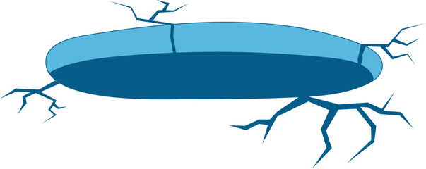 Hole in ice with cracks. Cleft in the ground. Burrow in the ground