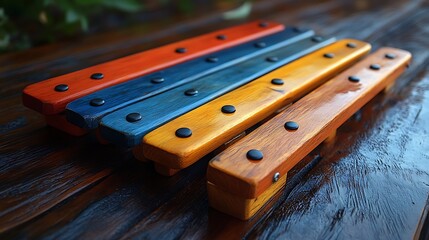 Four colorful wooden coasters with black metal rivets,  stacked on a dark wood table.