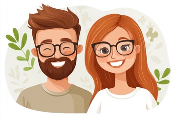 Obraz premium Neuronal processing Brain processing Cartoon style vector image of a couple with smiling faces and puzzle piece brains symbolizing intellectual connection teamwork and cognitive collaboration