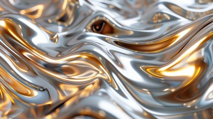Abstract background featuring a flowing river of liquid metal, shimmering in stunning silver and gold tones for a luxurious visual effect.