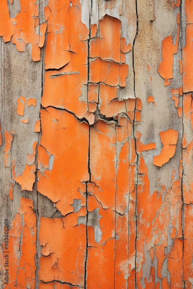 Poster weathered wooden surface with orange paint peeling off. decaying paint shows signs of rot and insect