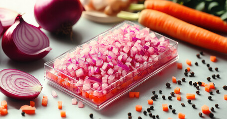 Diced red onions, shredded carrots, and beets prepared for cooking or salad on a countertop
