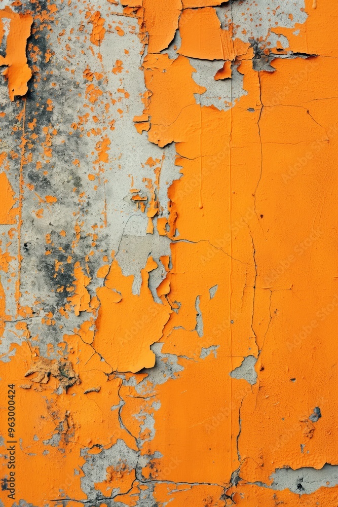 Poster old orange weathered paint wall with peeling layers revealing concrete surface. close-up view of dec