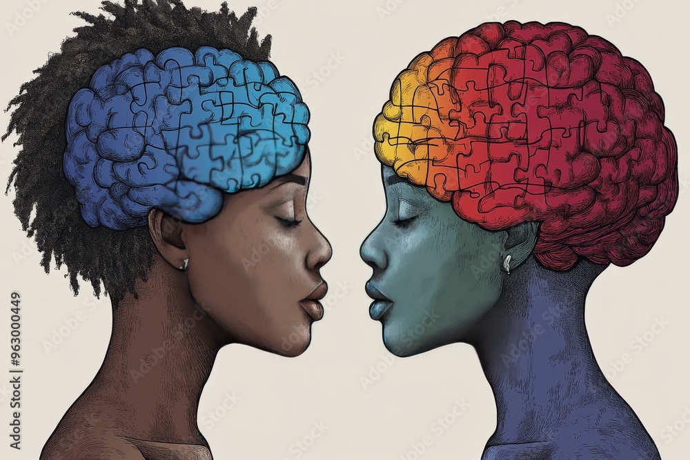 Poster neuronal function brain processing vibrant artistic portrait of two women with puzzle piece brains s