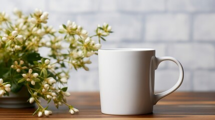 White cup of coffee with white flowers on a wooden table in front of a brick wall