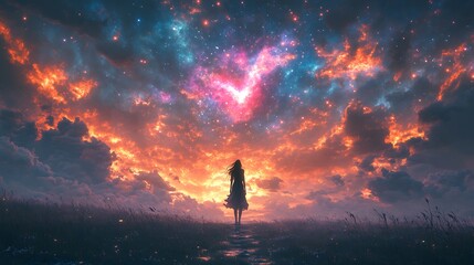 Obraz premium A lone woman stands in a field, gazing up at a vibrant galaxy in the night sky, filled with hope and wonder.