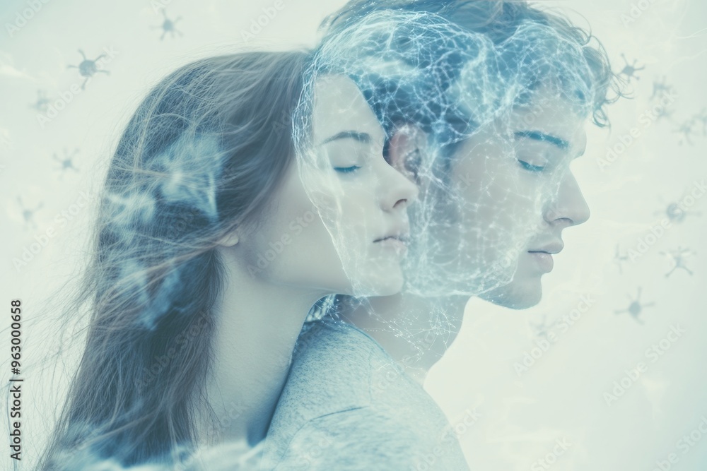 Poster mental performance brain processing ethereal illustration of two individuals with transparent heads 