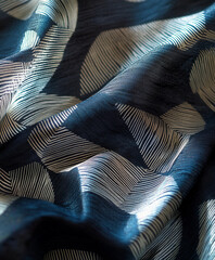 Naklejka premium Jacquard fabric: geometric, art deco design in navy and silver, texture emphasized by natural sunlight streaming through a window