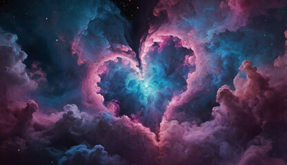 Abstract nebula-like clouds of vibrant colors—pink, blue, and purple—heart shaped,intertwining in a cosmic dance.