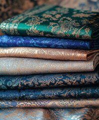 Jacquard fabrics: various textures and colors, paisley, floral, and baroque patterns in emerald green, sapphire blue, and rose gold