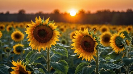 Obraz premium Golden sunflowers sway in the gentle breeze as the sun sets in the background