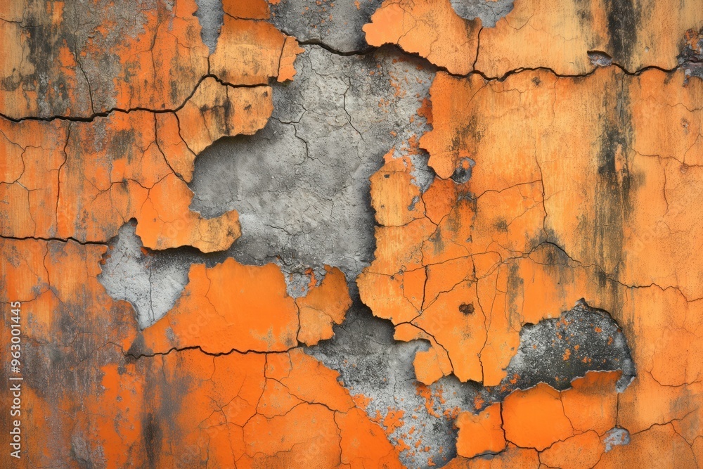 Poster old orange weathered paint wall with distressed texture. concrete surface exposed through peeling gr