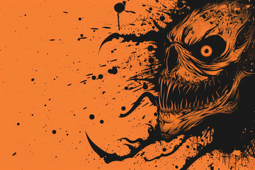 Monster with sharp fangs and creepy tentacle tongues in copy space, terrifying figure ready for Halloween decorations