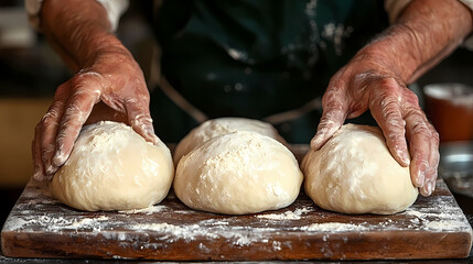 A person kneads dough on a wooden surface.