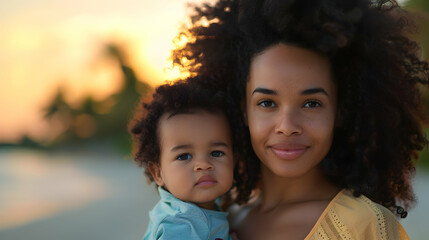 Fototapeta premium Mixed Race Mother Carrying Her Son Her Back