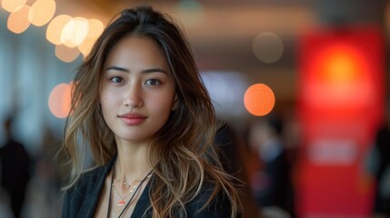 Fototapeta premium A woman with long brown hair and a necklace is standing in front of a red sign