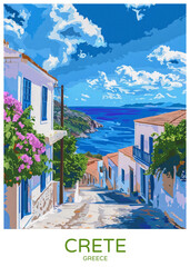 Crete Greece Poster Illustration Travel Print Decor Gift Paper Canvas Wall Retro Art