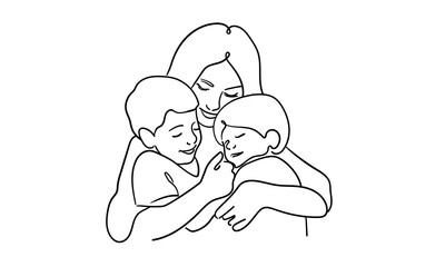 Mother and two chieldrens continuous line art drawing isolated on white background. Mothers day. Vector illustration	