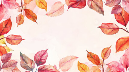 Obraz premium Aesthetic watercolor frame with autumn vibrant leaves, copy space, light background, foliage template. Generative AI