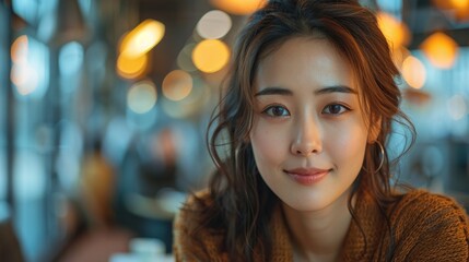 Fototapeta premium A woman with brown hair and brown eyes is smiling at the camera