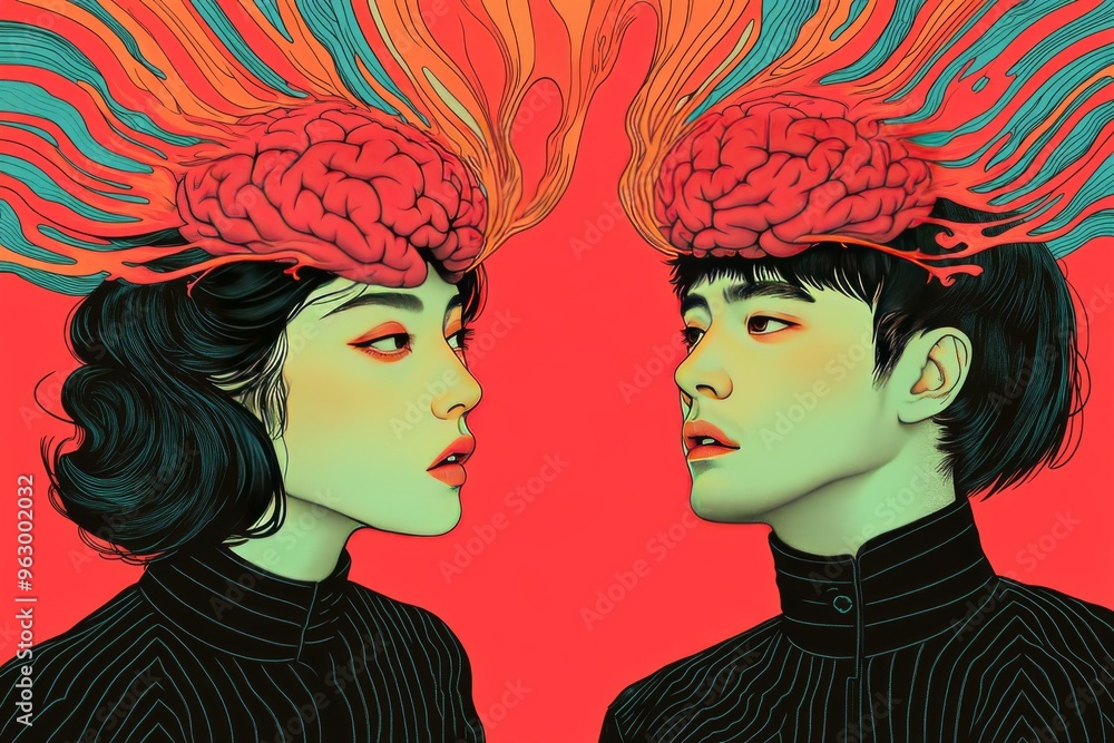 Poster Neuronal capacity Neural performance Vibrant portrait of two individuals with exposed brains in a surreal setting symbolizing intellectual connection creative expression and cognitive contrast