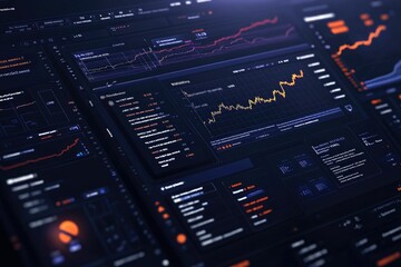 Obraz premium Dark-themed data dashboard with graphs and analytics.