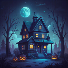 Spooky haunted house with glowing windows and pumpkins under a full moon at night