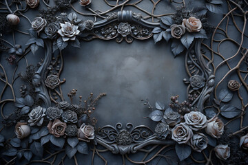 Metallic roses and leaves in a goth horror style. Intricate creative floral frame with black roses. Vignette fantasy rose frame. Twigs, branches, leaves, ivy, vines intertwined with lush flowers