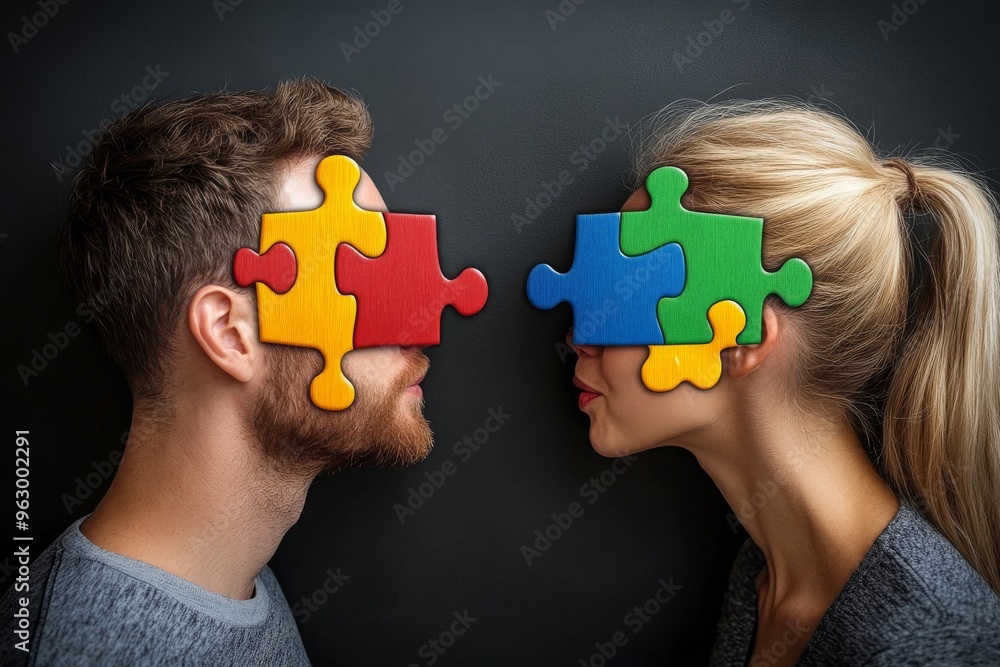 Poster mental force neural performance cartoon style image of a couple with puzzle piece glasses symbolizin