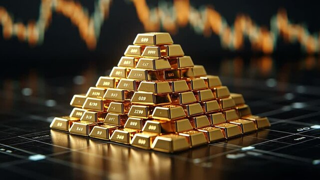 A digital financial chart background with a pyramid of shimmering gold bars that emphasizes investment, wealth, and the volatile value of precious metals.