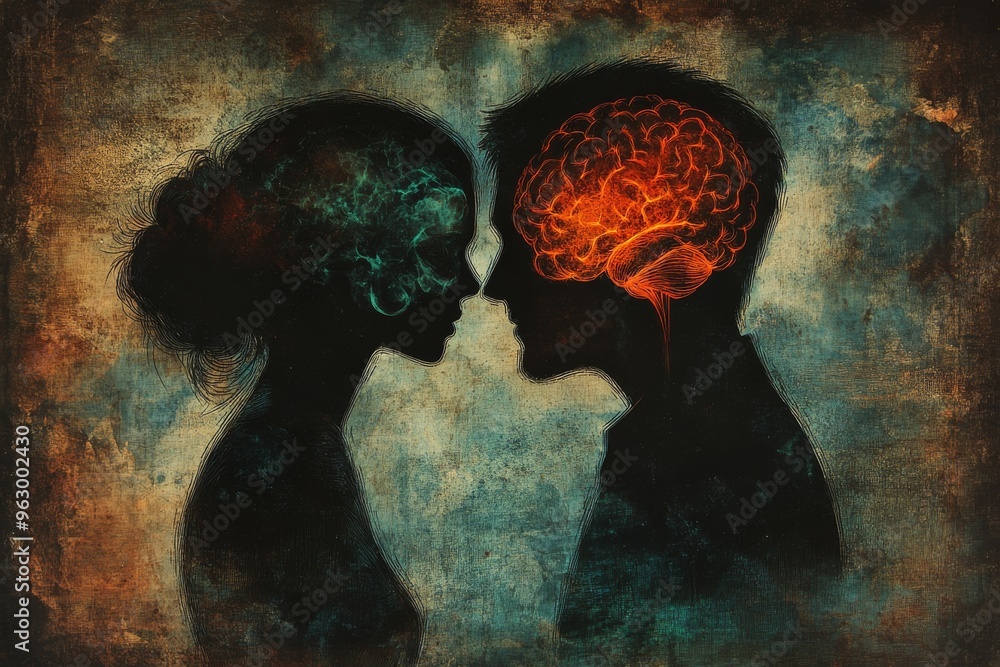 Poster cognitive force neural performance abstract silhouette of two human profiles with glowing brain elem