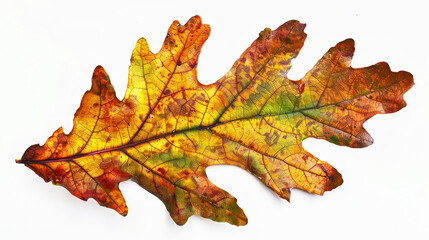 Fototapeta premium Aesthetic oak leaf with vibrant autumn colors, copy space, white background, presentation template. Generative AI