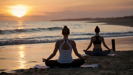 A serene yoga session on the beach at sunset, with silhouettes practicing poses against a vibrant sky.