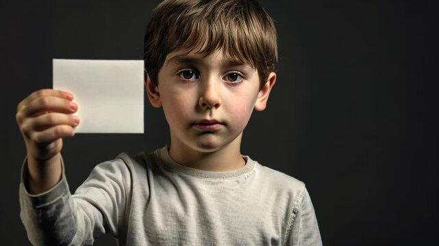 Young boy holding a blank note in a dimly lit room, reflecting deep emotions and curiosity in expressive eyes
