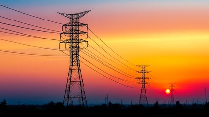 Fototapeta premium Silhouette High voltage electric tower on sunset time and sky on sunset time background