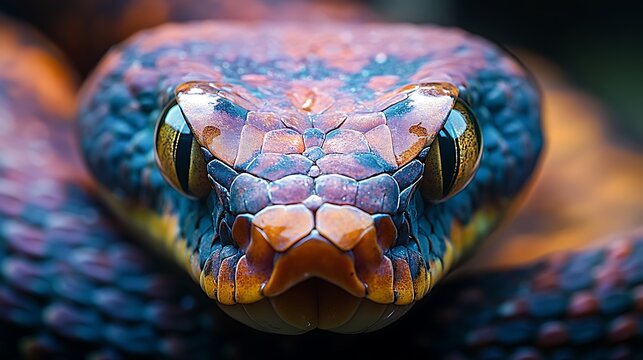 A close-up view of a snake's head with its bright yellow eyes staring directly at the camera.