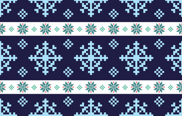 Christmas and New Year blue and white seamless pattern, fairytale pixel pattern in white and green with Nordic snowflakes for winter hats, ugly sweaters, jumpers. wallpaper, paper or other design