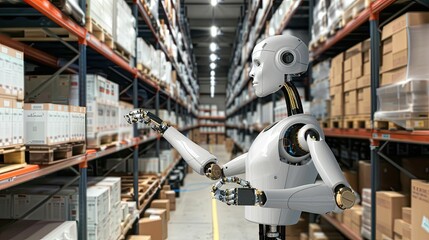 Modern AI robot machine working in a smart warehouse industrial engine managing and checking the stocks
